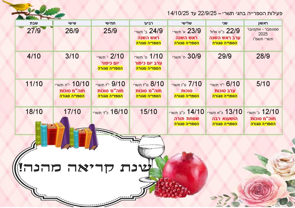 שעות פעילות הספרייה בחגי תשרי